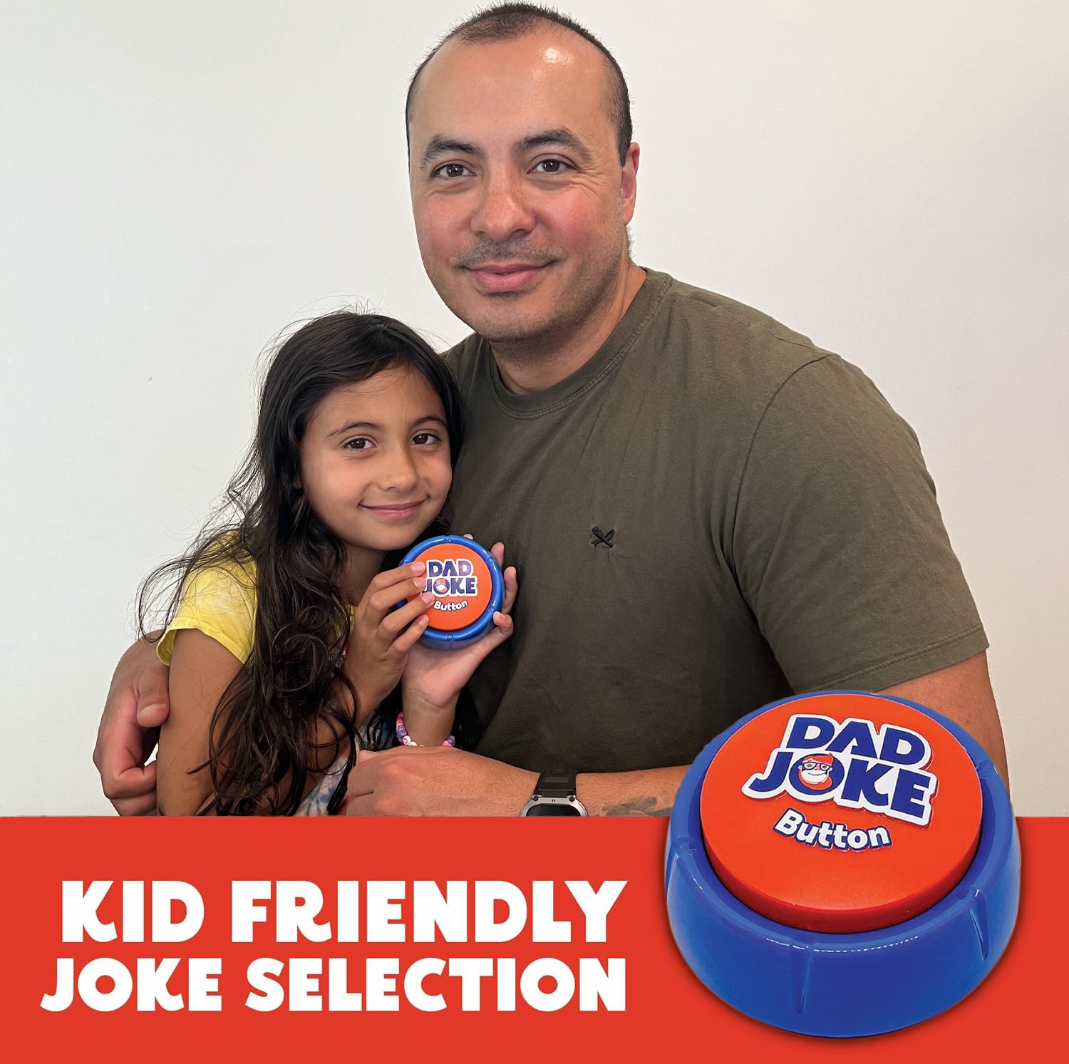 A man and a young girl smile while holding the "Dad Joke Button" by That Is So Dad, promoting family-friendly jokes and classic dad humor with over 100 corny jokes.