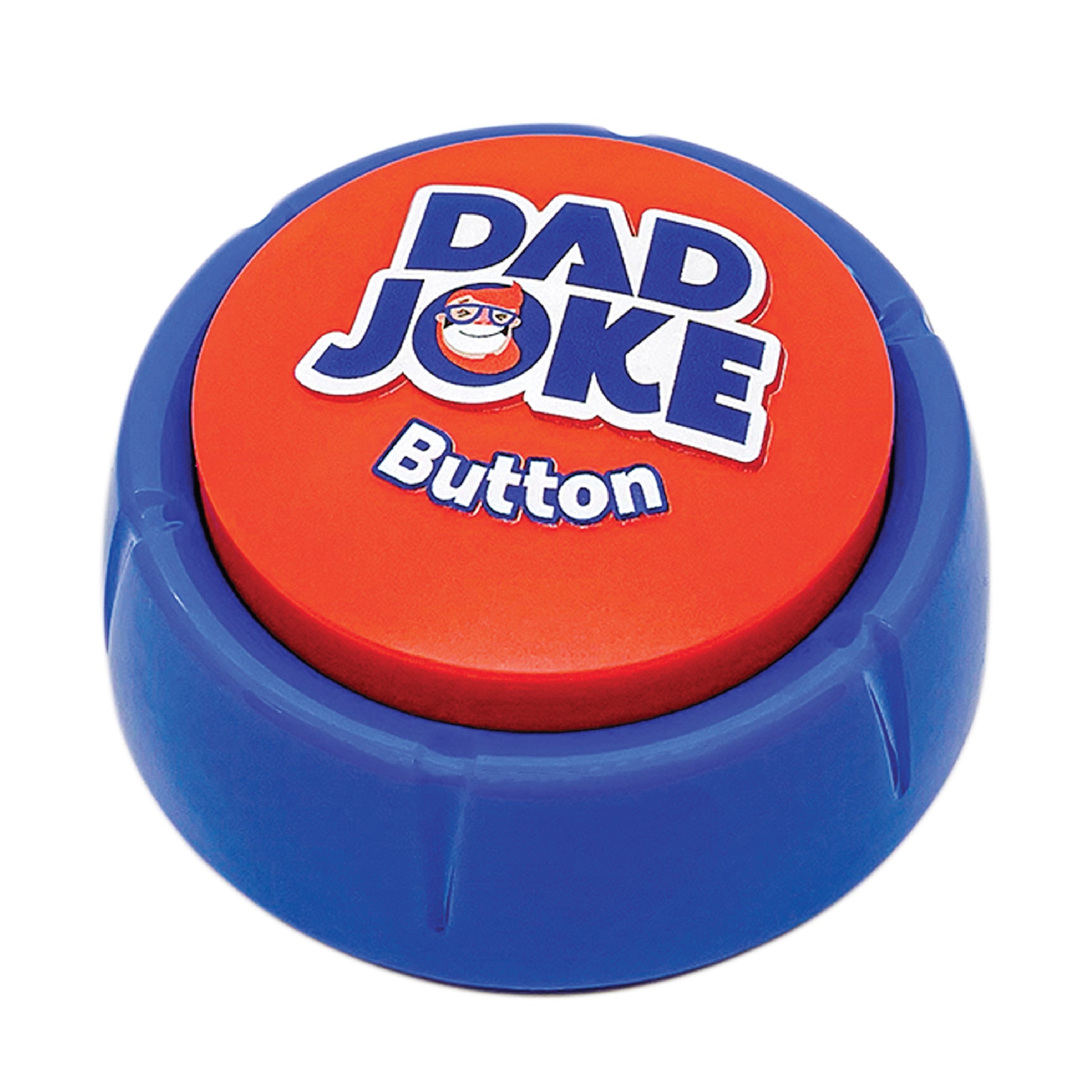 A large, round button with a red center and blue rim labeled "Dad Joke Button." The text features a cartoon face with glasses and a mustache above the words "Dad Joke Button," ready to unleash over 100 corny jokes and family-friendly humor at any gathering. Brought to you by That Is So Dad, it's the perfect funny present for any dad.