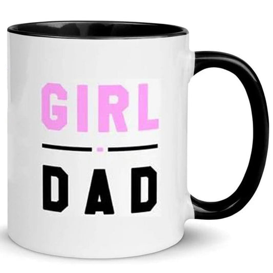 The Girl Dad Mug by That Is So Dad is a white ceramic mug with a black handle, featuring "GIRL DAD" in bold pink and black lettering. Dishwasher and microwave safe, it’s ideal for everyday use.