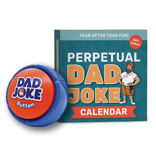 The Perpetual Dad Joke Desktop Calendar & Dad Joke Button Gift Set by That Is So Dad features a bearded, glasses-wearing illustrated man with tools—perfect for dads who love to laugh.