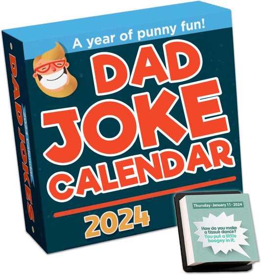 Stay entertained every day with the 2024 Dad Joke Calendar - Day to Day Jokes! by That Is So Dad. This whimsical calendar showcases a cheerful cartoon face and offers a daily joke guaranteed to lift your spirits. For Thursday, January 11, 2024, you'll find this gem: "How do you make a tissue dance? You put a little boogie in it." Dive into the humor and brighten each day with dad jokes from this delightful calendar.