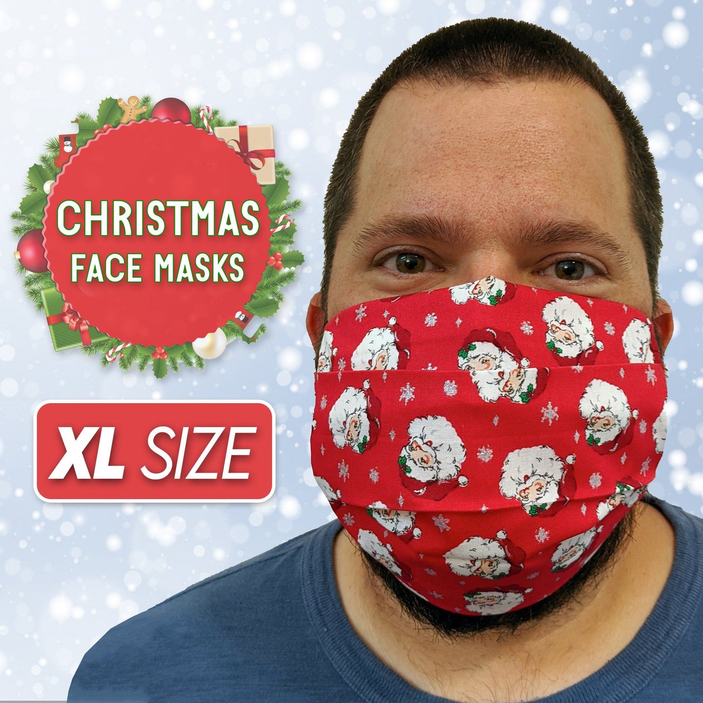 Christmas Face Masks- Adjustable Holiday Face Masks with Filter Pocket Face Mask Square Up Fashions Santa 1 Individual 